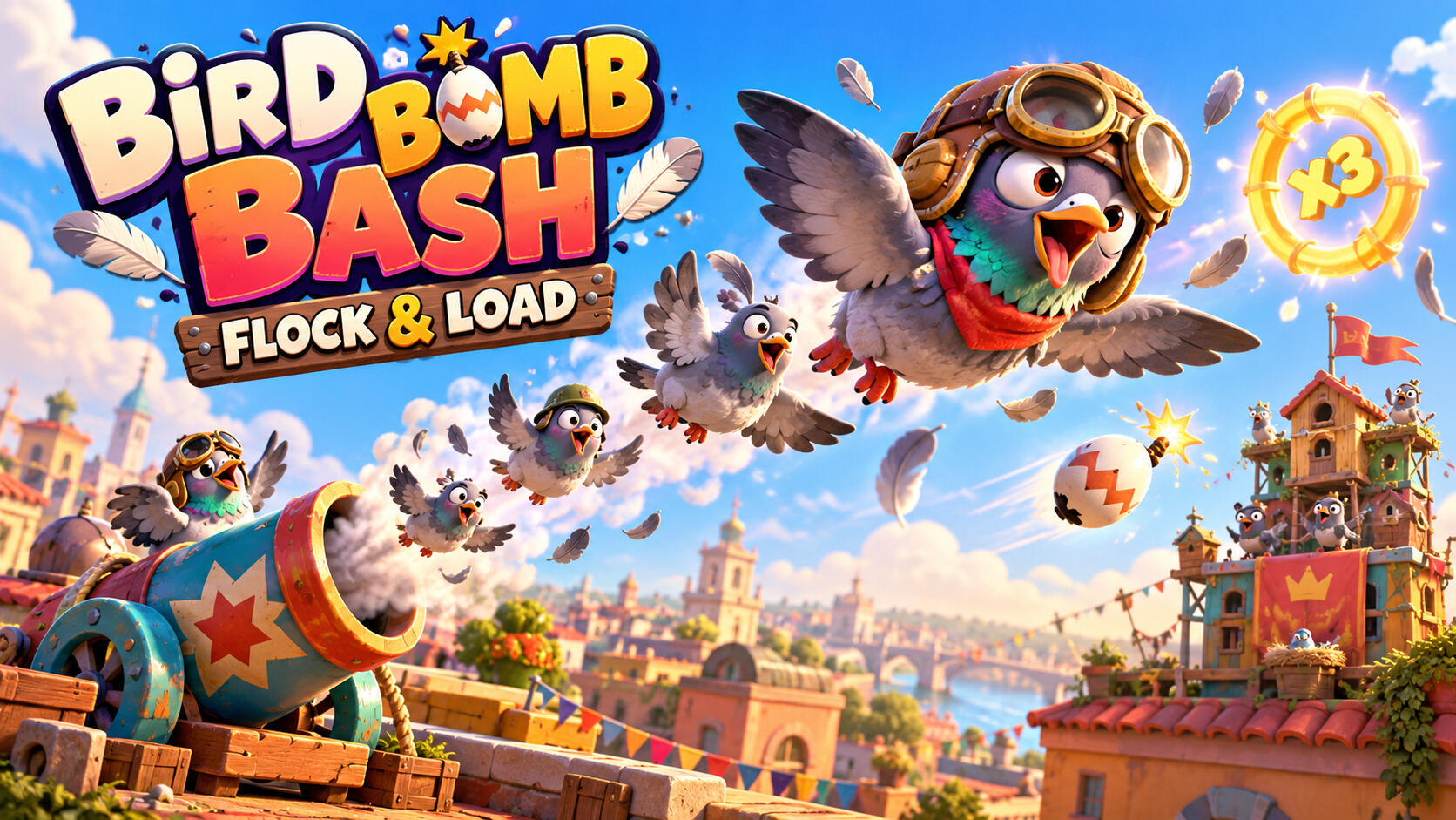 Concept artwork for Bird Bomb Bash - Flock & Load: helmeted cartoon pigeons launch from a rooftop cannon towards a glowing multiplier ring and a birdhouse fortress.