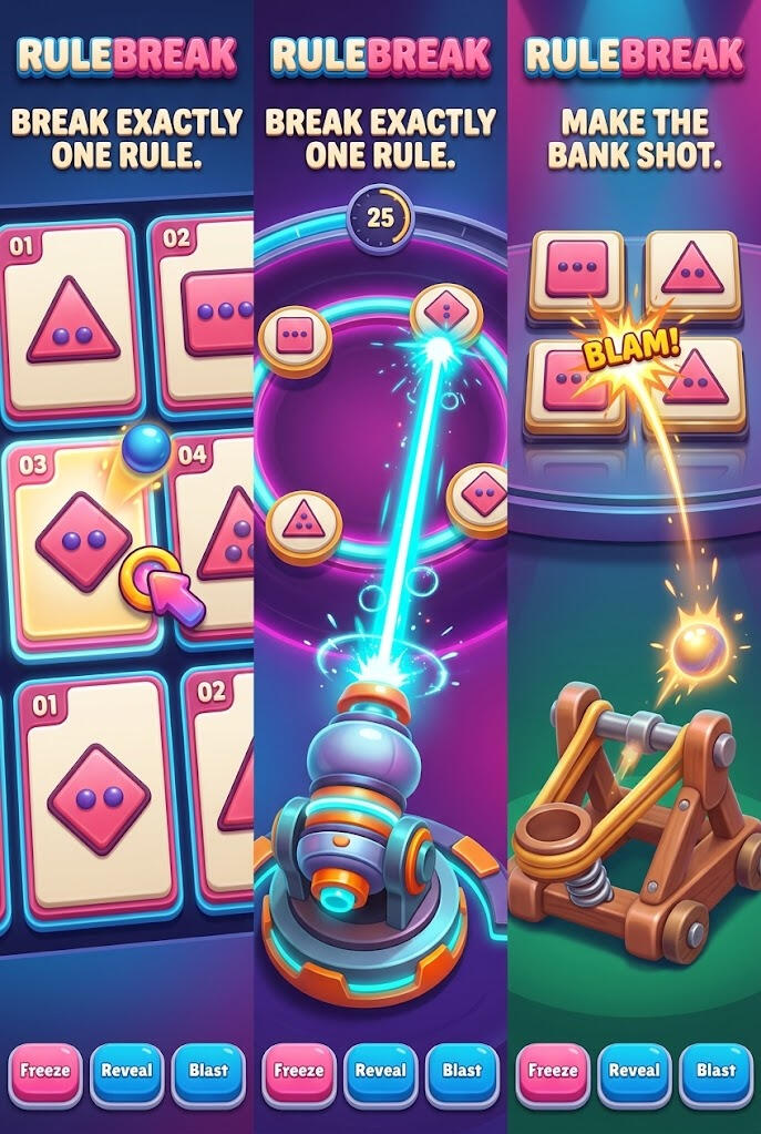 RuleBreak promotional artwork showing three illustrated panels: rule choices, a laser arena and a bank-shot scene. Break exactly one rule.